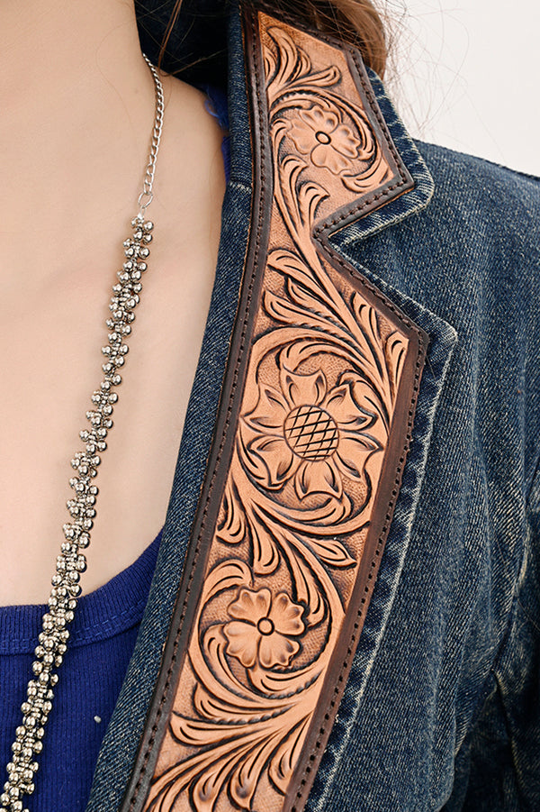 ADBZ044 Premium Denim Jacket Featuring Floral Carved Harness Leather Lapels