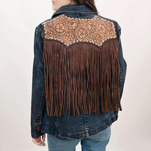 ADBZ044 Premium Denim Jacket Featuring Floral Carved Harness Leather Lapels