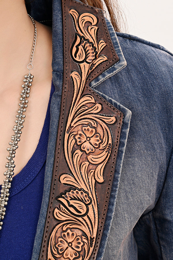 ADBZ045 Floral Carved Harness Leather Lapel Women's Denim Western Jacket