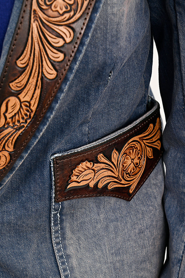 ADBZ045 Floral Carved Harness Leather Lapel Women's Denim Western Jacket