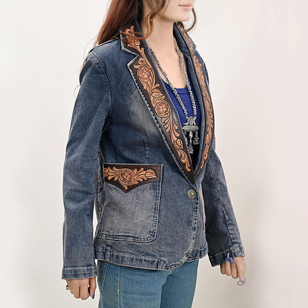 ADBZ045 Floral Carved Harness Leather Lapel Women's Denim Western Jacket