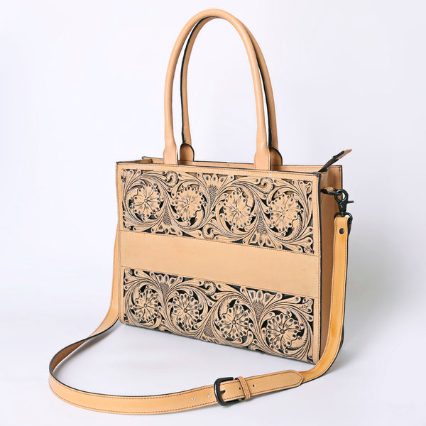 ADBGZ762A Slim Western Tote - Hand Tooled Tan Leather Bag with Panel Design