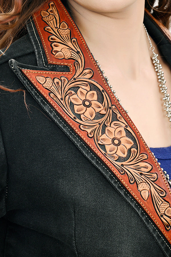 ADBZ048 Western Style Denim Blazer with Authentic Harness Leather Detailing