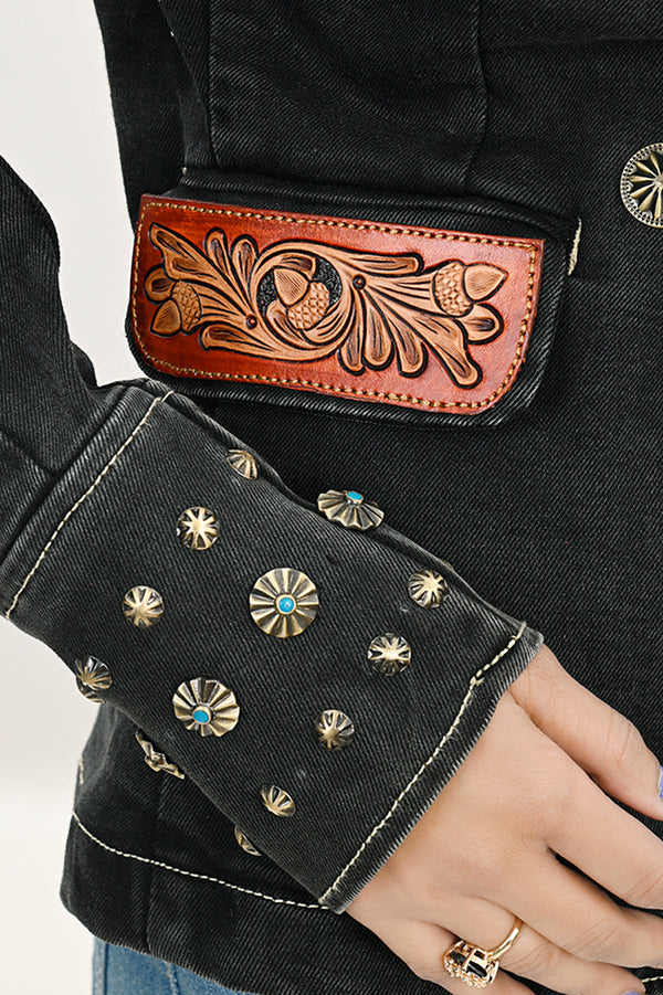 ADBZ048 Western Style Denim Blazer with Authentic Harness Leather Detailing