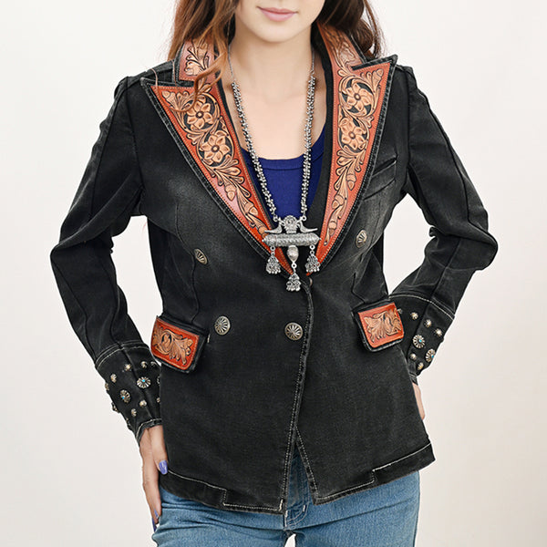 ADBZ048 Western Style Denim Blazer with Authentic Harness Leather Detailing