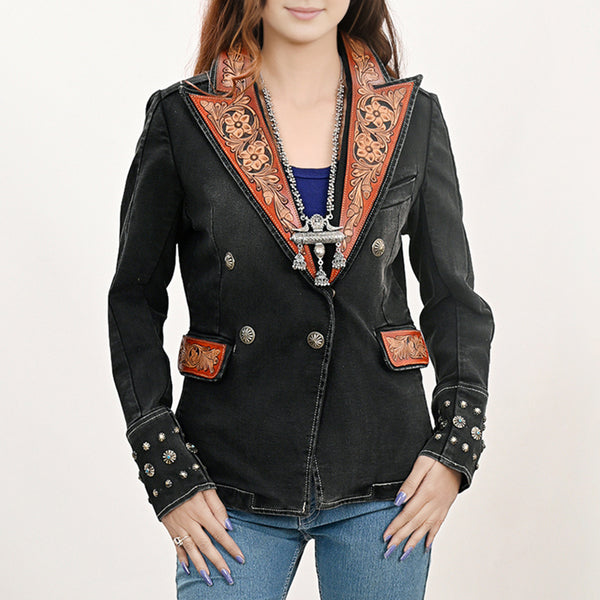 ADBZ048 Western Style Denim Blazer with Authentic Harness Leather Detailing