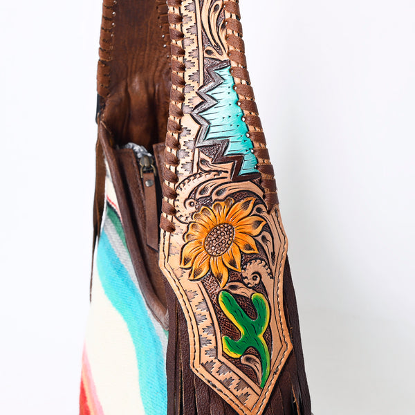 ADBG803 American Darling Hand Tooled Leather Hobo Bag with Hand Woven Saddle Blanket and Fringes