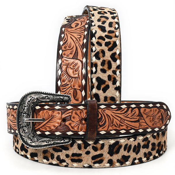 ADBLF227 Leopard Print Hair-On & Tooled Leather Western Belt with Engraved Buckle