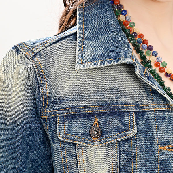LC-ADJKT030 Women's Western Denim Jacket with Tooled Sunflower Yoke & Turquoise Feather Fringe Detail