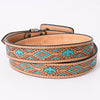 ADBLF173 Western Handtooled Leather Belt - Turquoise Thunderbird & Tribal Geometric Design