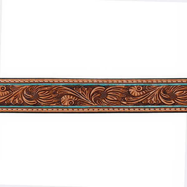 ADBLF179 Handtooled Western Leather Belt - Turquoise-Edge Floral Scroll with Matching Buckle