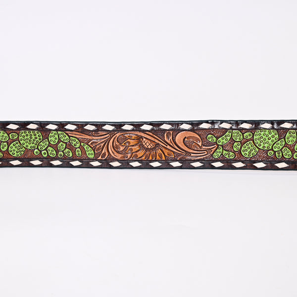 ADBLF180 Handtooled Western Leather Belt - Cactus Green Accents with Floral Carving and Buckle