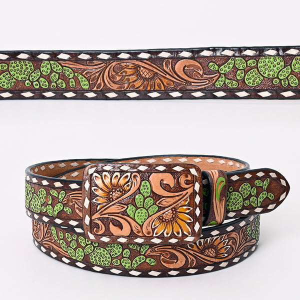 ADBLF180 Handtooled Western Leather Belt - Cactus Green Accents with Floral Carving and Buckle