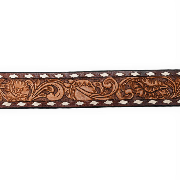ADBLF181 Handtooled Western Leather Belt - Classic Floral Scroll with Matching Buckle