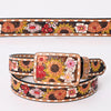 LC-ADBLF183 Colorful Handtooled Western Leather Belt - Wildflower Garden with Matching Buckle