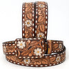 ADBLF184 Handtooled Western Leather Belt - White Daisy Floral Design with Matching Buckle