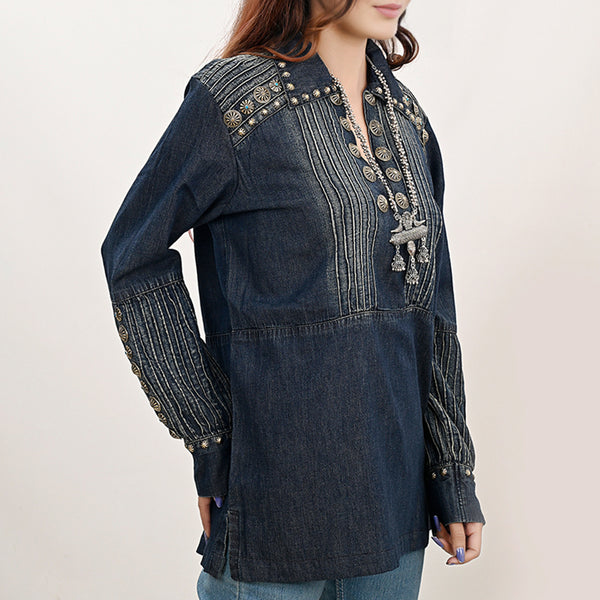 ADDR001 American Darling Western Denim Tunic Top Studded Pleated Shirt