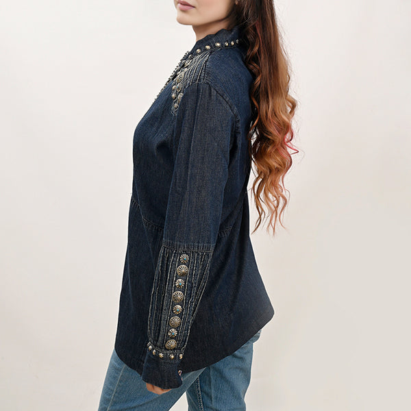 ADDR001 American Darling Western Denim Tunic Top Studded Pleated Shirt