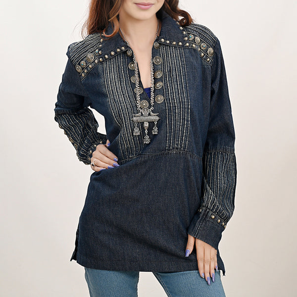 ADDR001 American Darling Western Denim Tunic Top Studded Pleated Shirt