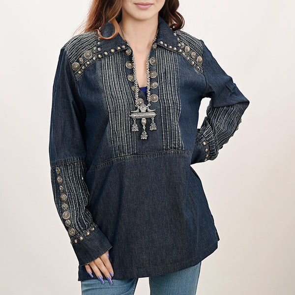 ADDR001 American Darling Western Denim Tunic Top Studded Pleated Shirt