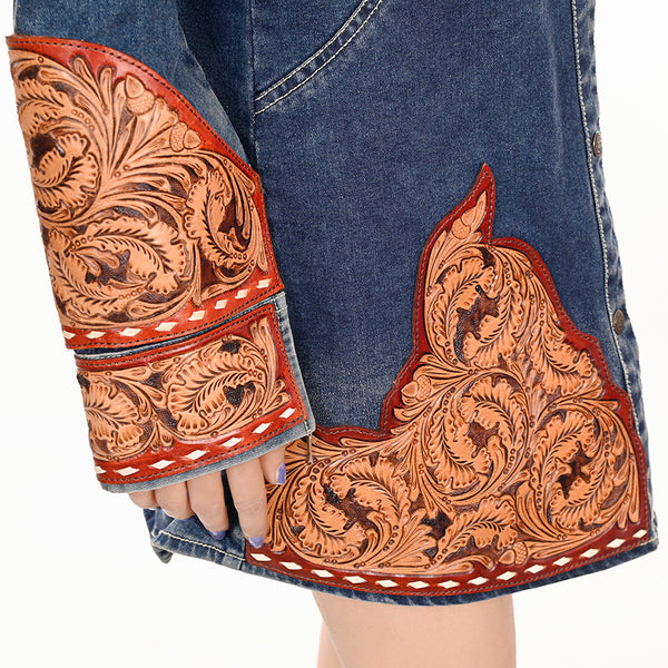 ADDR002 American Darling Denim Button Down Dress Tooled Leather Floral Detail