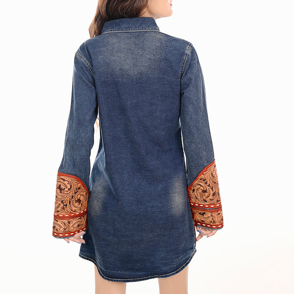 ADDR002 American Darling Denim Button Down Dress Tooled Leather Floral Detail