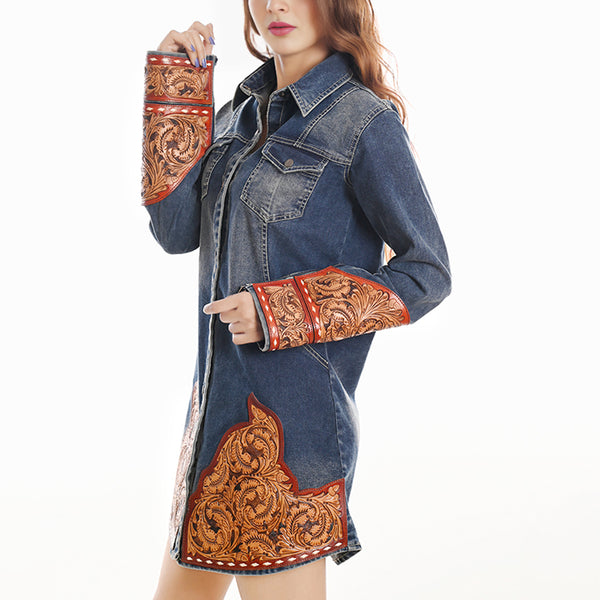 ADDR002 American Darling Denim Button Down Dress Tooled Leather Floral Detail