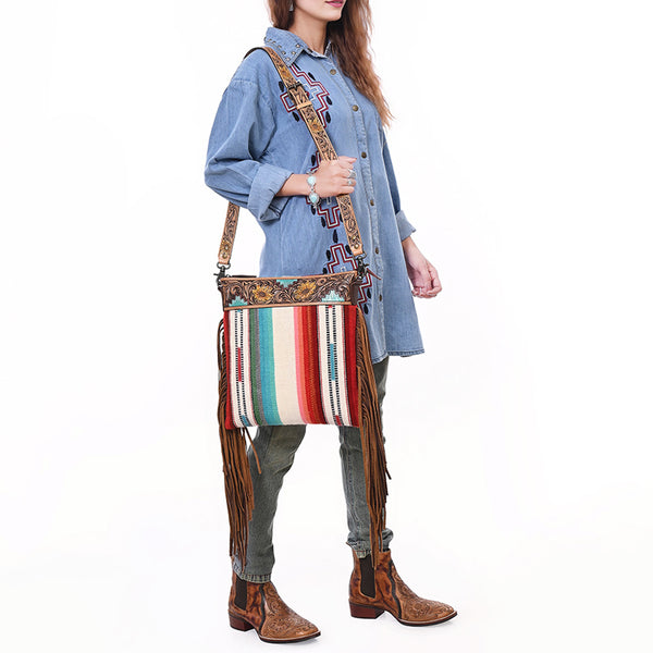 ADBG298 American Darling Large Cross body Bag - Hand Tooled Floral Leather & Woven Saddle Blanket Purse