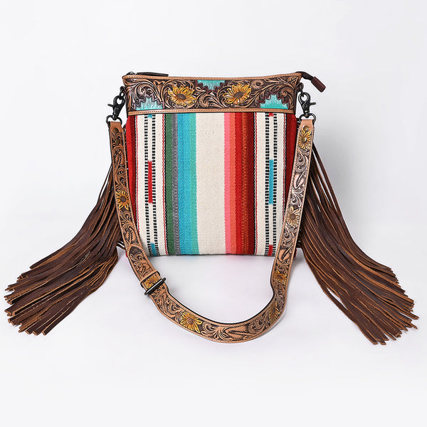 ADBG298 American Darling Large Cross body Bag - Hand Tooled Floral Leather & Woven Saddle Blanket Purse
