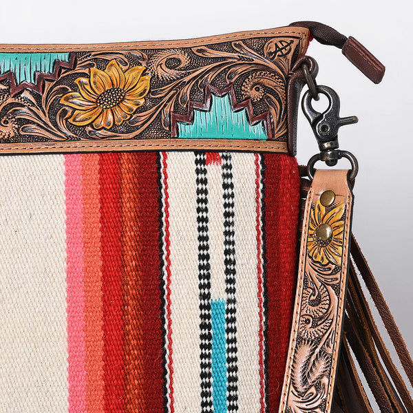 ADBG298 American Darling Large Cross body Bag - Hand Tooled Floral Leather & Woven Saddle Blanket Purse