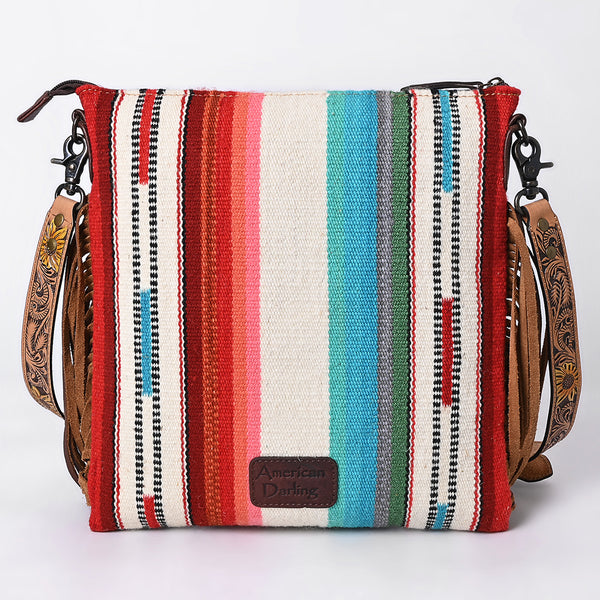 ADBG298 American Darling Large Cross body Bag - Hand Tooled Floral Leather & Woven Saddle Blanket Purse