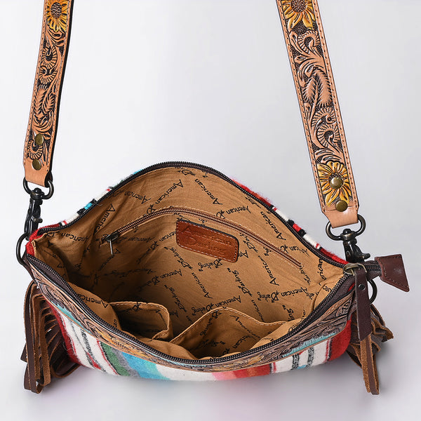 ADBG298 American Darling Large Cross body Bag - Hand Tooled Floral Leather & Woven Saddle Blanket Purse