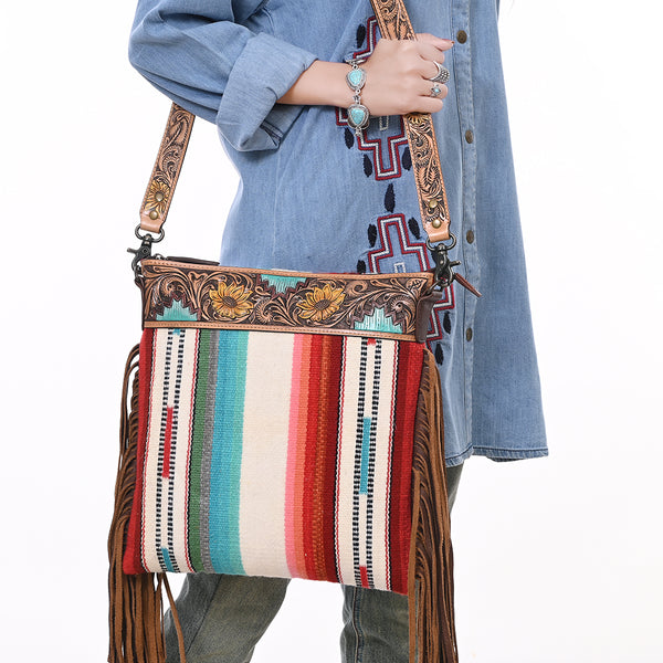 ADBG298 American Darling Large Cross body Bag - Hand Tooled Floral Leather & Woven Saddle Blanket Purse