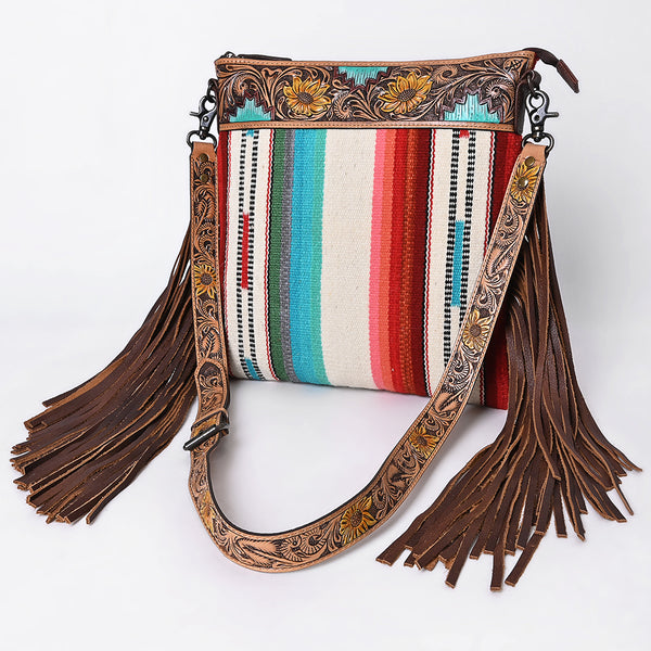 ADBG298 American Darling Large Cross body Bag - Hand Tooled Floral Leather & Woven Saddle Blanket Purse