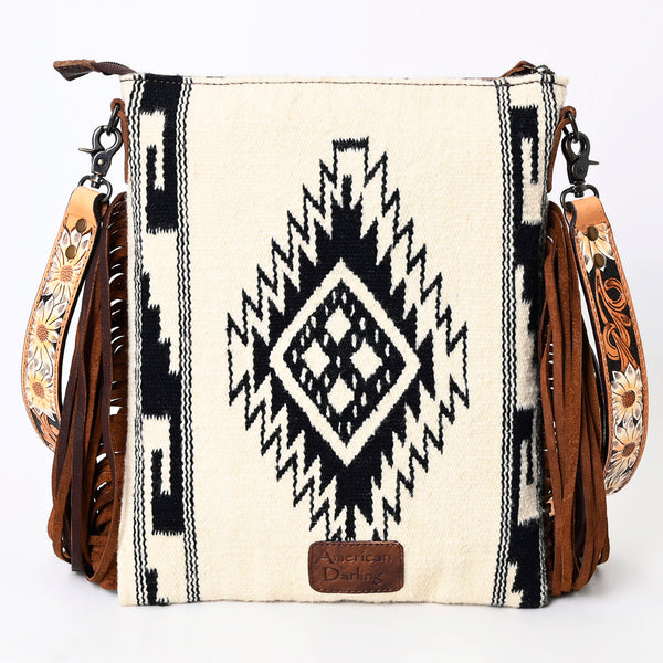ADBG298 American Darling Large Cross body Bag - Hand Tooled Floral Leather & Woven Saddle Blanket Purse