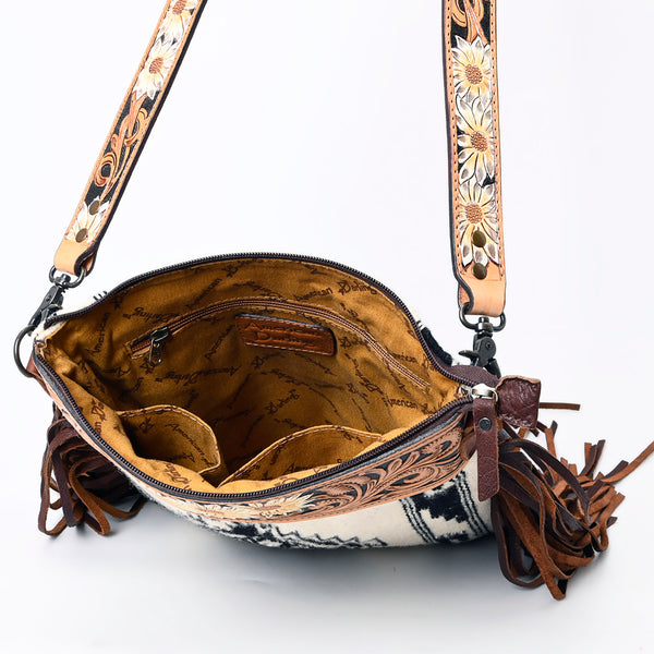 ADBG298 American Darling Large Cross body Bag - Hand Tooled Floral Leather & Woven Saddle Blanket Purse