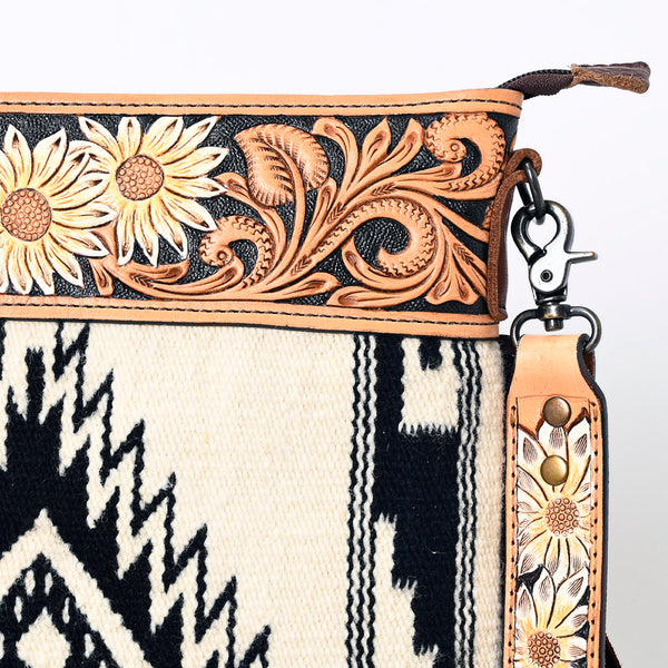 ADBG298 American Darling Large Cross body Bag - Hand Tooled Floral Leather & Woven Saddle Blanket Purse