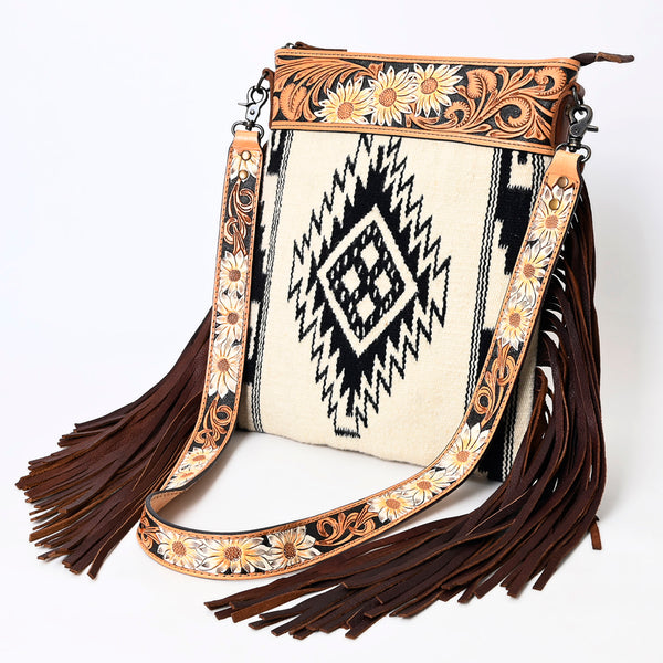 ADBG298 American Darling Large Cross body Bag - Hand Tooled Floral Leather & Woven Saddle Blanket Purse