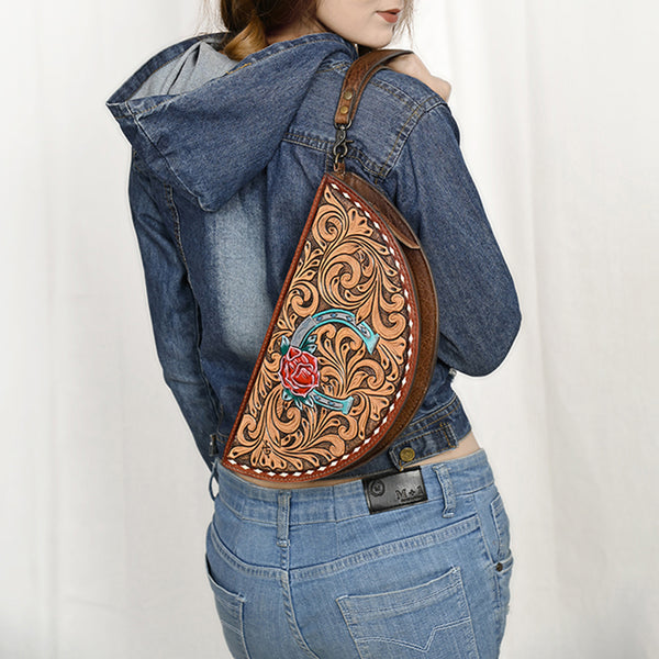 ADBG1072 American Darling Hand-Tooled Leather Taco Handbag Western Floral Carved Genuine Leather Clutch