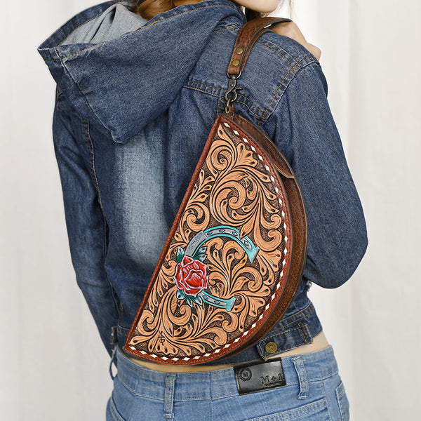 ADBG1072 American Darling Hand-Tooled Leather Taco Handbag Western Floral Carved Genuine Leather Clutch