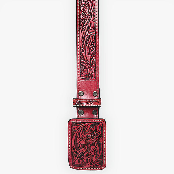 ADBLF233 Red Tooled Leather Belt with Matching Floral Buckle