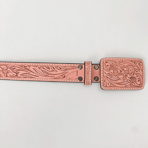 LC-ADBLF234 Light Pink Tooled Leather Belt with Matching Floral Buckle