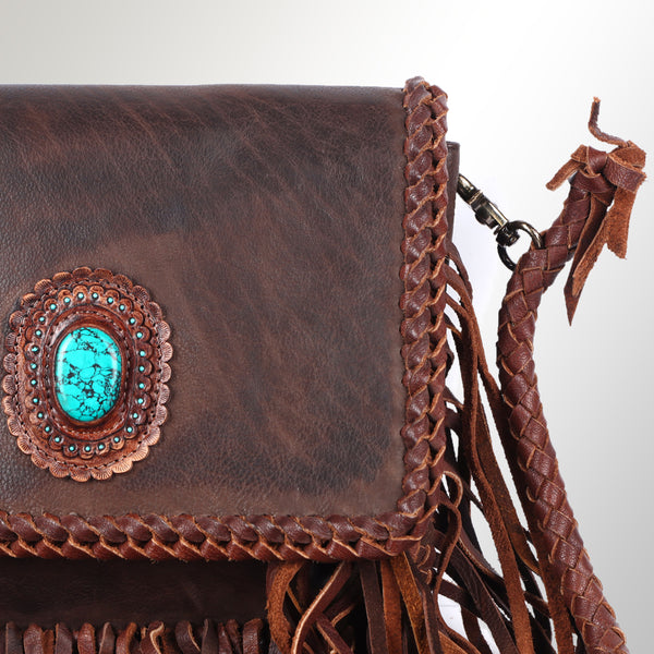 ADBGM261 Handcrafted Leather Crossbody Bag with Turquoise Concho & Braided Trim - Western Shoulder Purse