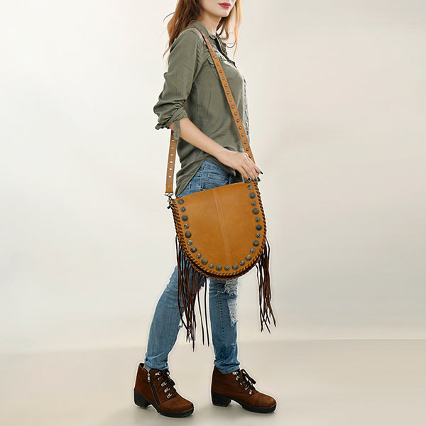 ADBGA413 American Darling Genuine Leather Rivetted Fringe Western Messenger Bag