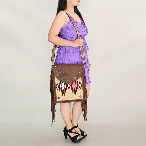 ADBGA414 American Darling Studded Brown Leather Fringed Southwestern Crossbody Bag