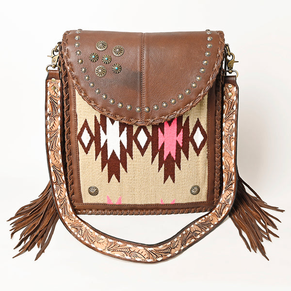 ADBGA414 American Darling Studded Brown Leather Fringed Southwestern Crossbody Bag