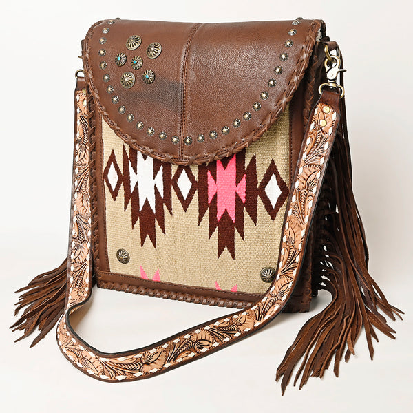 ADBGA414 American Darling Studded Brown Leather Fringed Southwestern Crossbody Bag