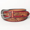 LC-ADBLF103 Hand-Tooled Western Leather Belt with Red Trim and Floral Engraving