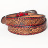 LC-ADBLF103 Hand-Tooled Western Leather Belt with Red Trim and Floral Engraving
