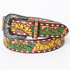 LC-ADBLF106 Hand-Painted Sunflower & Cactus Tooled Leather Western Belt with Engraved Buckle